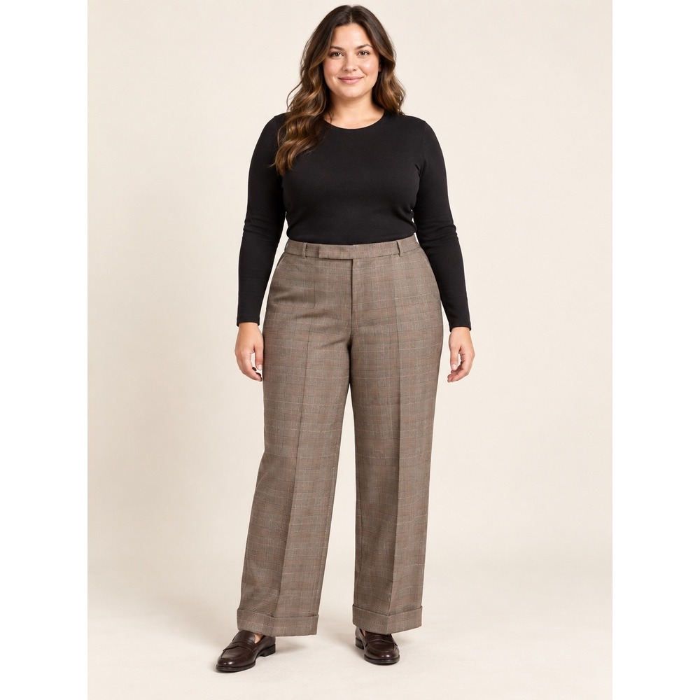 American Living Brown Glen Plaid Wool Wide Leg Cuffed Trousers Pants Womens 14